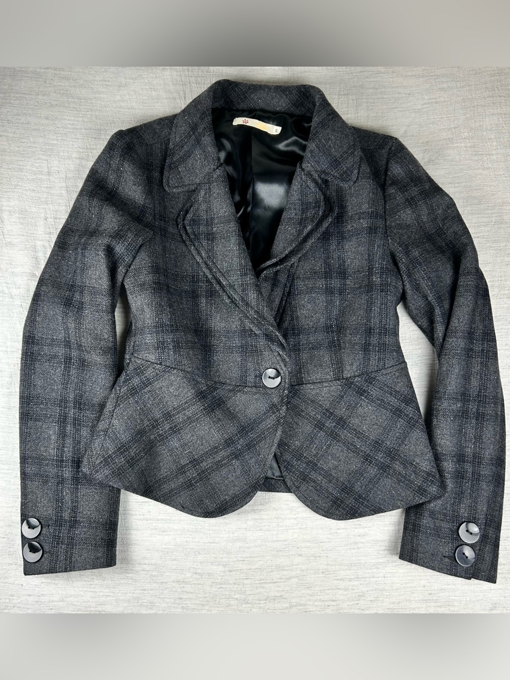 Tulle Y2K Gray Plaid Wool Blend Fitted Academia Blazer Jacket
